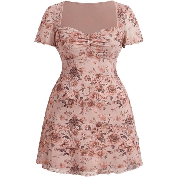 Women's Plus Size Floral Mesh Mini Dress Short Sleeve Ruched A Line - Picture 1 of 4